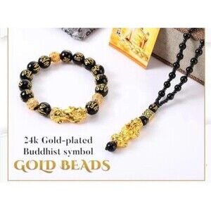 Feng Shui 3 Pcs Bracelet Necklace Ring Set 24K Gold Plated Pixiu &Obsidian Lucky